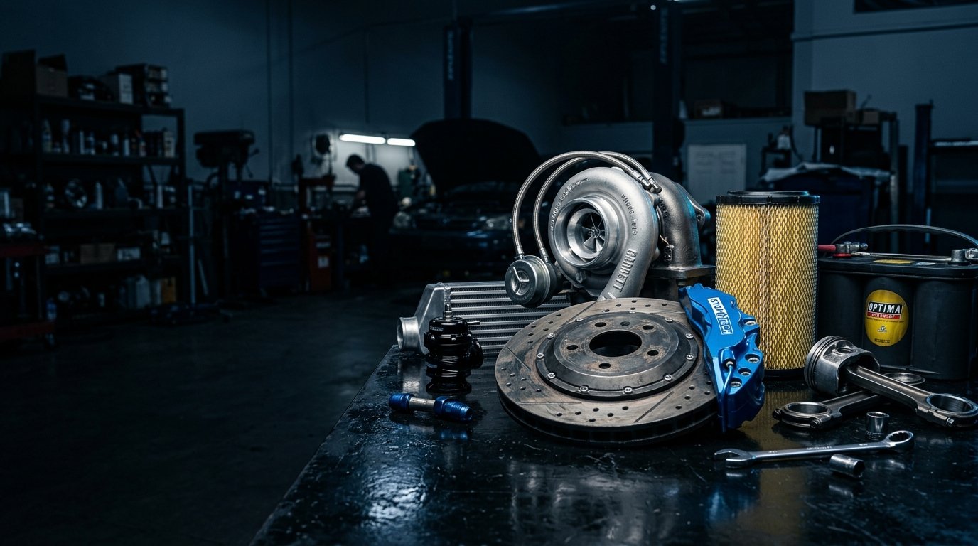 Automotive Performance Parts โ Turbocharger, Slotted Brake Rotor, Blue Caliper, Battery, Filters